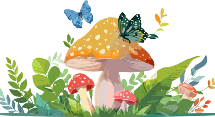 vibrant set of nature elements like birds, butterflies, leaves, and mushrooms in semi-realistic style