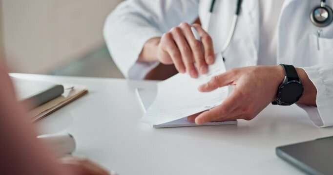 Paper, doctor and hands for prescription, letter and sick note with health, info advice in hospital. Quote, people and consulting in clinic for medicine list, healthcare results and medical diagnosis