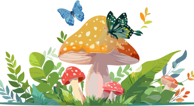 vibrant set of nature elements like birds, butterflies, leaves, and mushrooms in semi-realistic style