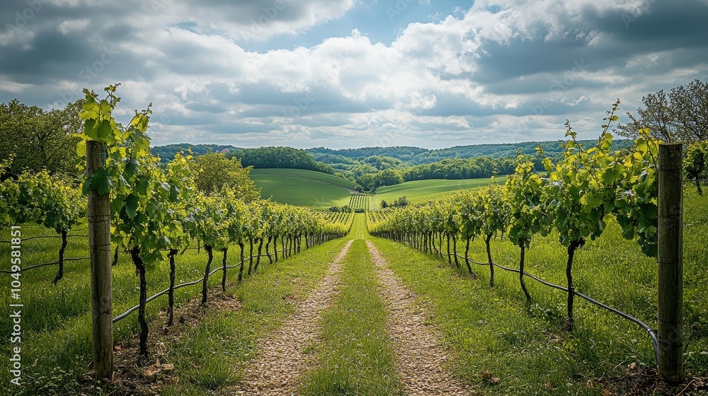 Poster a long row of grape vines with a dirt road running through them. generative ai