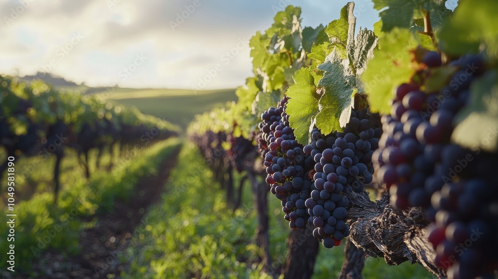 Poster a row of grape vines with clusters of grapes hanging from the branches. generative ai