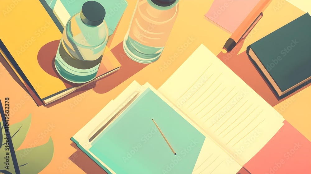 Poster flat lay desk with open notebook pencil water bottles and papers