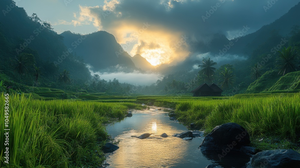 Poster a beautiful landscape with a river running through it. generative ai