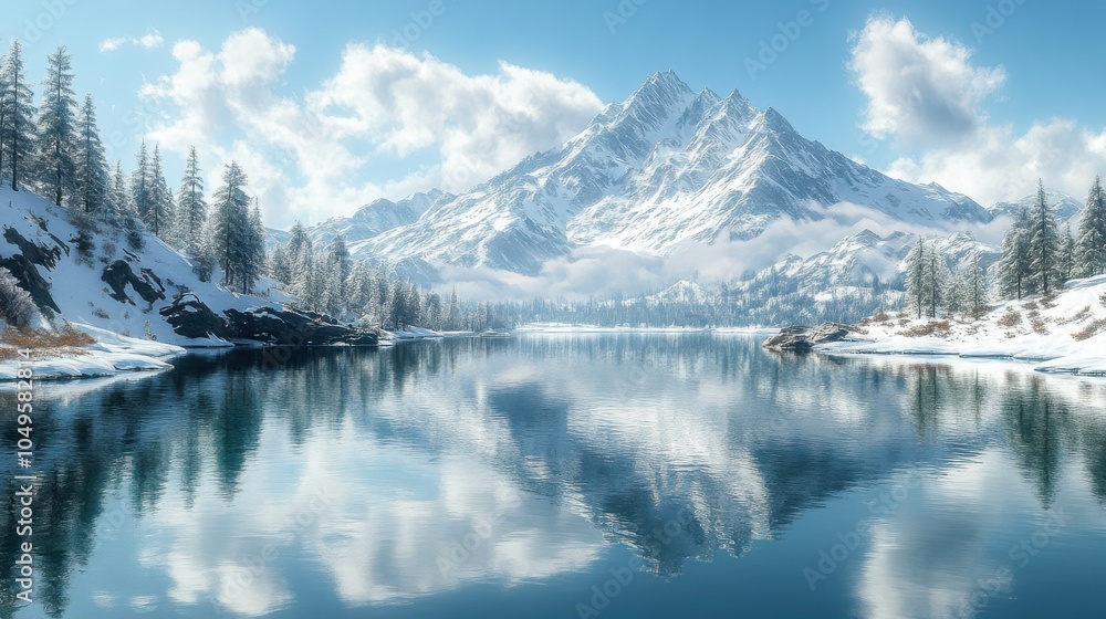 Poster a beautiful mountain range with a lake in the foreground. generative ai