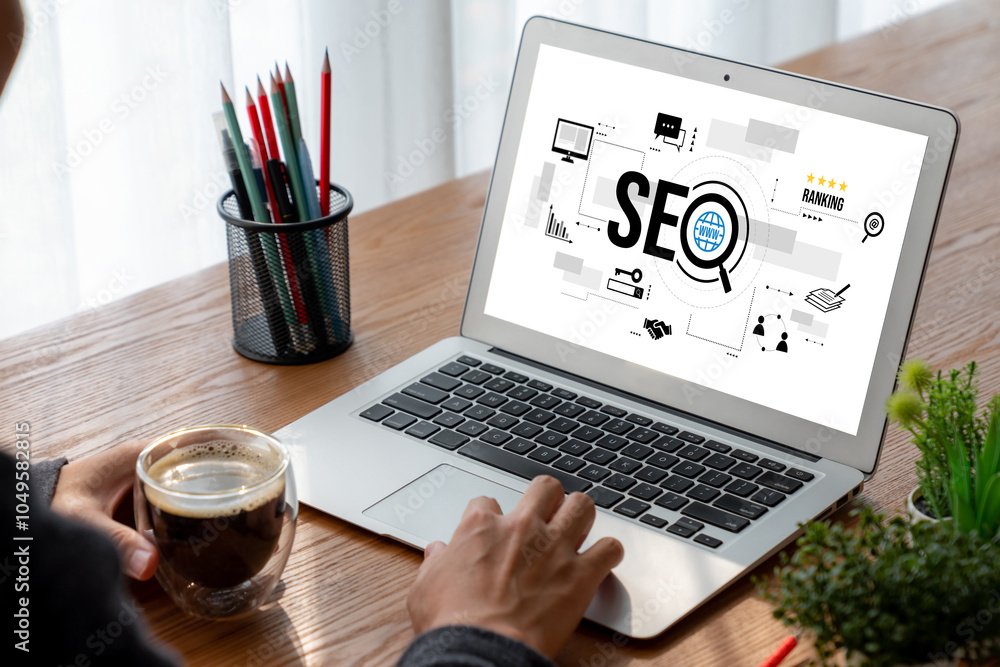Poster seo search engine optimization for modish e-commerce and online retail business showing on computer 