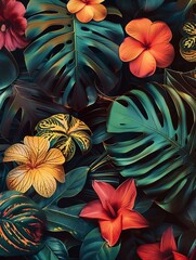vibrant tropical plants and leaves on dark exotic background