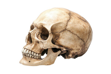 Obraz premium A detailed human skull displayed against a black background, showcasing its structural anatomy and intricate features.