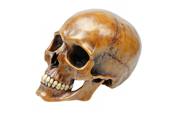A detailed skull sculpture with a smooth, glossy finish, showcasing intricate features and a friendly expression against a black background.