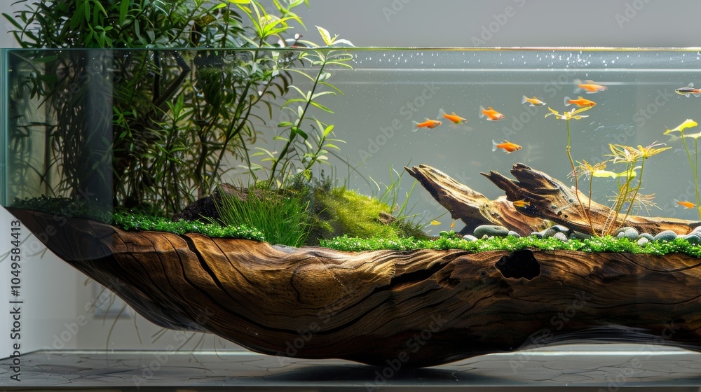 Poster a contemporary aquarium design with a layered effect using a combination of glass and wood to create
