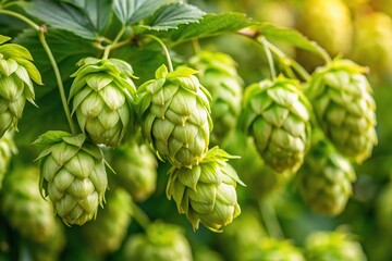 Fototapeta premium Close-up of individual hop cones with delicate, curly foliage, conical shapes, botanical art, greenery
