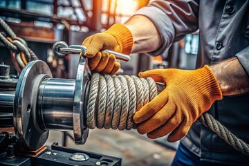 Industrial Winch Operation with Gloved Hand in Focus, Capturing the Essence of Machinery and Labor in Documentary Style