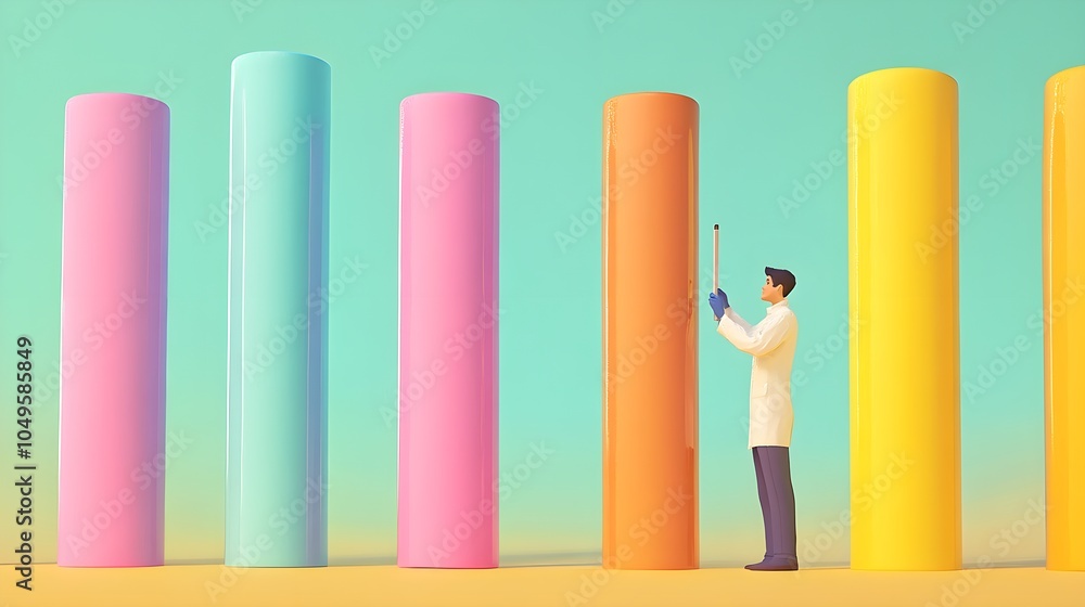 Poster man measuring colored cylinders abstract minimalist 3d render gradient background