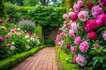 Beautiful peonies and roses form a lush border along a meandering brick path, gardening, roses, floral arrangement, garden decor