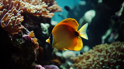 Obraz premium A bright orange and yellow fish swims near coral reefs in a clear blue ocean.