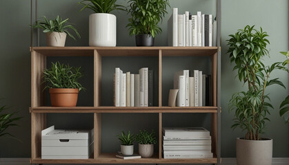 A modern bookshelf with plants that serves as an element for virtual office studio background. Generative Ai	