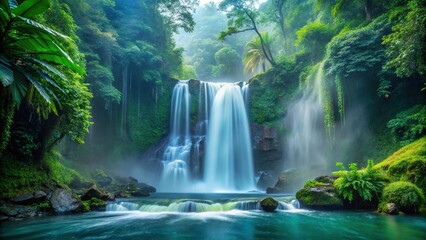 Fototapeta premium Aqua falls from a misty waterfall in the middle of a jungle, waterfall, tropical, aquatic, foliage, jungle