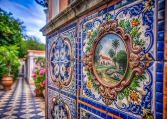 Bokeh Effect of Blue Portuguese and Dutch Tiles with Baroque and Rococo Patterns