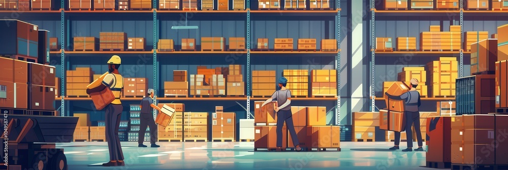 Poster in a bustling warehouse, workers move boxes and pallets while managing an organized shelving system 