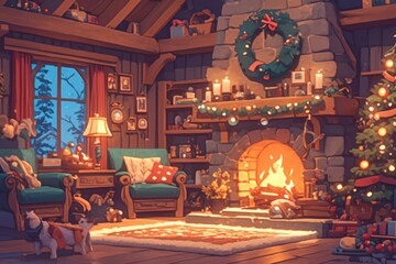 Obraz premium Cozy Winter Cabin Illustration with Fireplace, Christmas Tree, and Festive Decorations