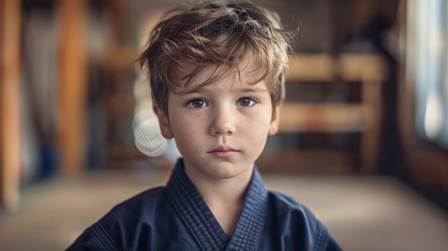 Young boy practices jujitsu in training center during afternoon class at a martial arts dojo