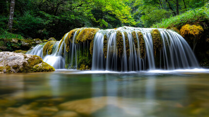 Obraz premium A cascading waterfall flows over moss-covered rocks into a serene pool of water in a lush green forest.