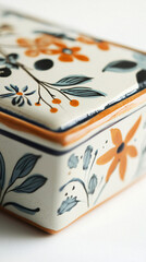 ceramic box with orange and blue floral pattern  isolated on white background  vintage hand painted style  texture  design  art  craft