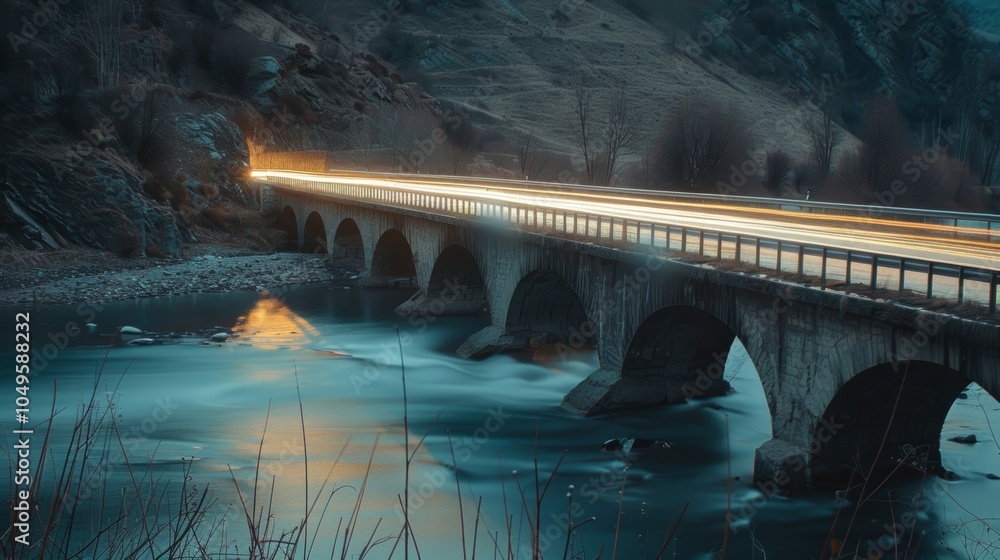 Poster a tranquil scene of a lone bridge with soft white light trails creating an ethereal atmosphere over 
