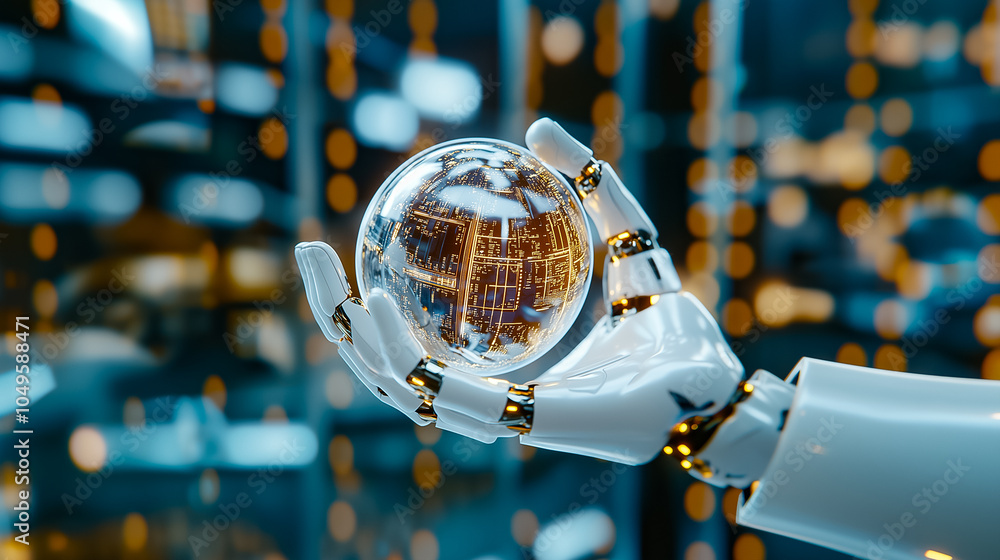 Aufkleber a robotic hand extends towards a luminous digital globe surrounded by twinkling lights in a high-tec