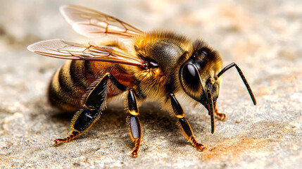 A close-up of a bee on a rock, with its wings spread out.