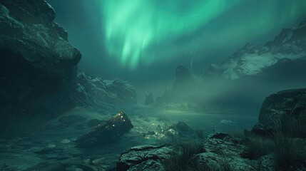 Obraz premium Majestic Northern Lights Dancing Over Rocky Landscape