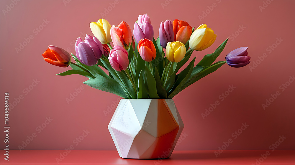 Poster modern geometric vase displaying bold tulips in vibrant colors on a minimalist table setting