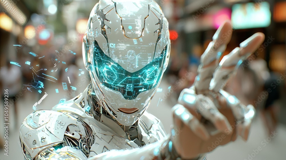 Poster futuristic cyborg robot with digital interface in city setting