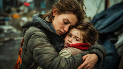 Fototapeta premium Homeless mother and her daughter embracing each other tightly on a desolate stree, Poor homeless people 