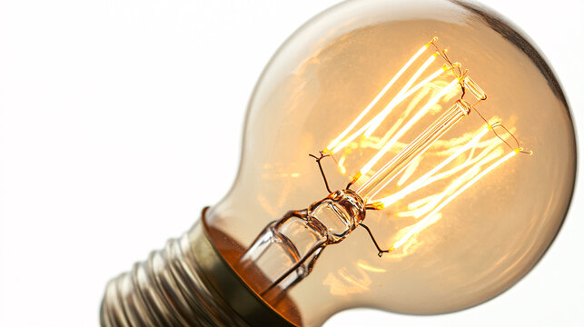 close up of glowing vintage edison light bulb on a white background