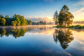 Obraz premium A serene and peaceful lake in the early morning, with mist rising from the water's surface and surrounding trees reflected in the calm lake, trees, reflection, mist