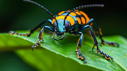 Fototapeta premium A close-up of a colorful beetle with black, orange, and blue markings perched on a green leaf.