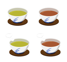 汲み出し茶碗にいれたお茶のイラストのセット