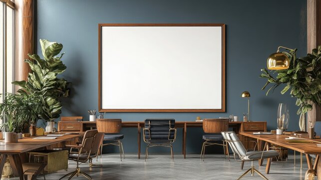 Modern Office Interior with Stylish Furniture and Large Blank Canvas on Blue Wall