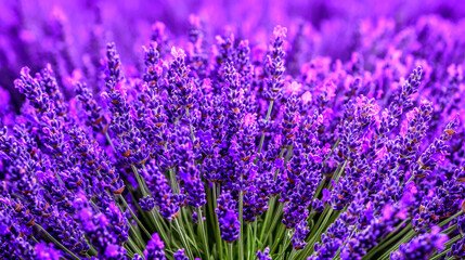 Obraz premium A close-up of a field of lavender flowers in bloom, showcasing their vibrant purple hues and delicate petals.