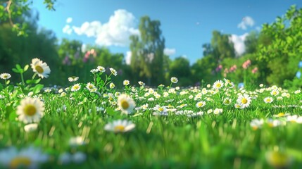 Fototapeta premium Summer Bliss: Daisies and Cut Grass in a Green Meadow with Trees in the Background