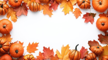 Fototapeta premium Autumn Leaves and Pumpkins on White Background