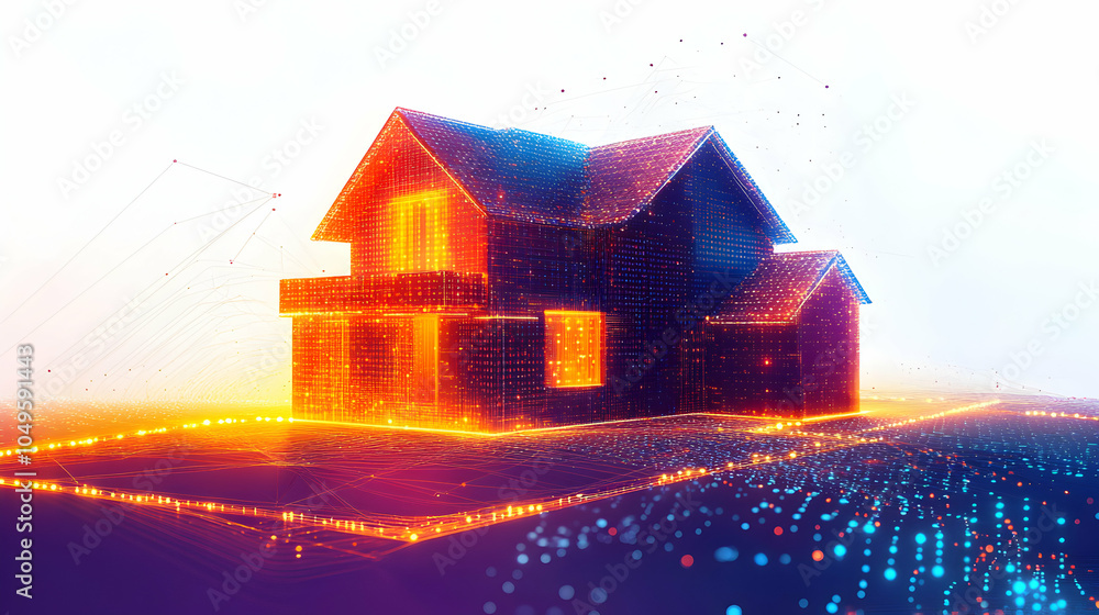 Poster cartoon-style digital house surrounded by flowing code and geometric shapes in a futuristic setting