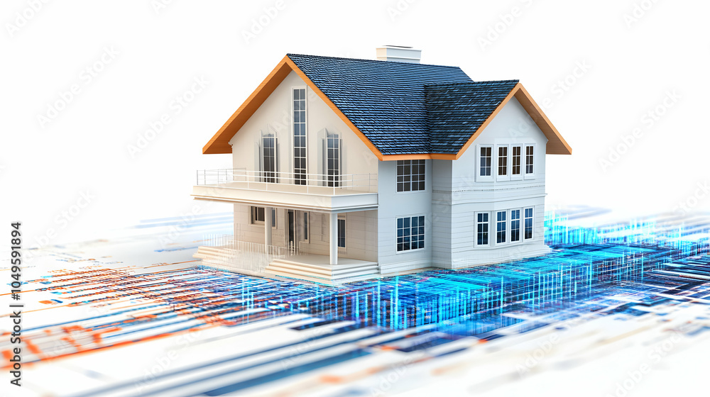 Poster clean and modern analytical house design featuring flowing data visualization elements