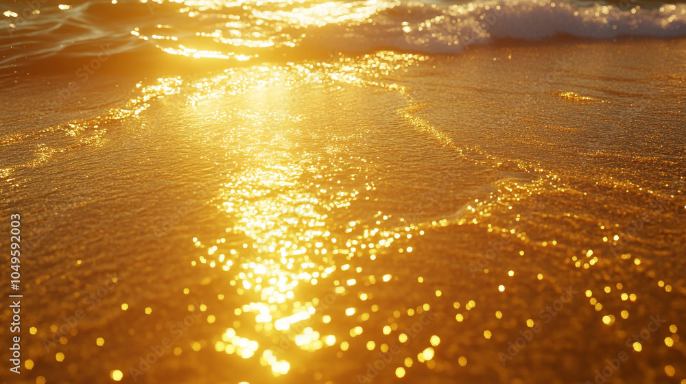 Poster sunset reflections on calm ocean water create shimmering golden patterns on the beach