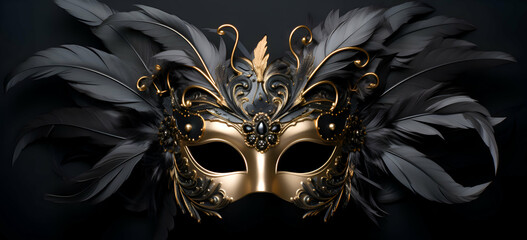 Venetian mask with feathers and jewels on a black background