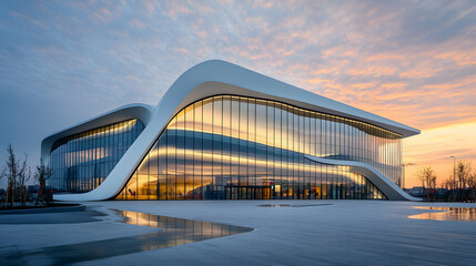 Obraz premium Modern Contemporary Building Showcasing Sharp Architectural Design in Urban Setting