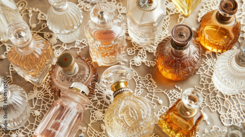 Poster an enchanting spread of vintage perfume bottles each one a unique and elegant design set against a b