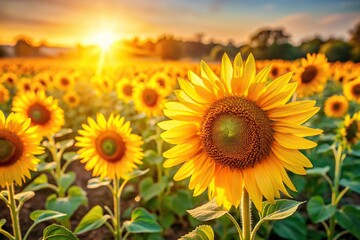 Fototapeta premium A field of vibrant yellow sunflowers standing tall in the warm sunlight., natural, sunny, wildflowers, landscape