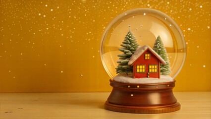 Snow globe with a cozy house and pine trees, sparkly golden background.
