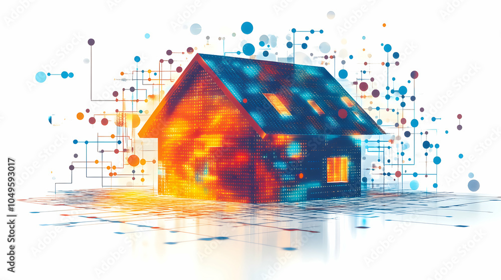 Poster flat 2d house design composed of binary data and geometric charts in a modern digital aesthetic